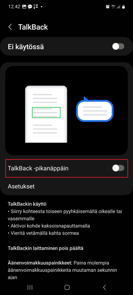 TalkBack-pikanäppäin TalkBack-asetusvalikossa.