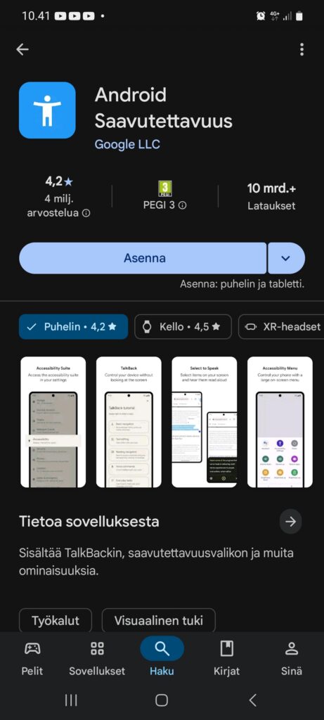Android Saavutettavuus -sovellus Google Play -kaupassa.