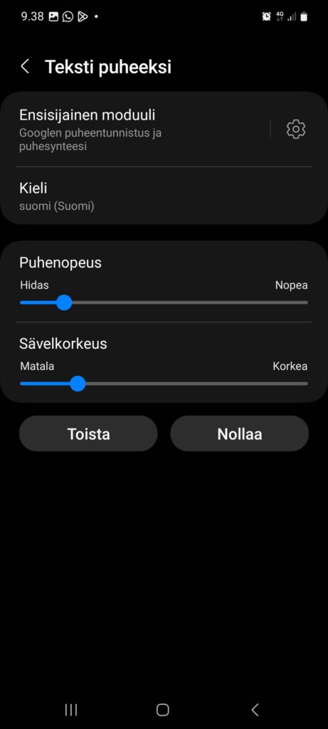 Teksti puheeksi -asetukset. Kokeile asetuksia "Toista" -painikkeella.