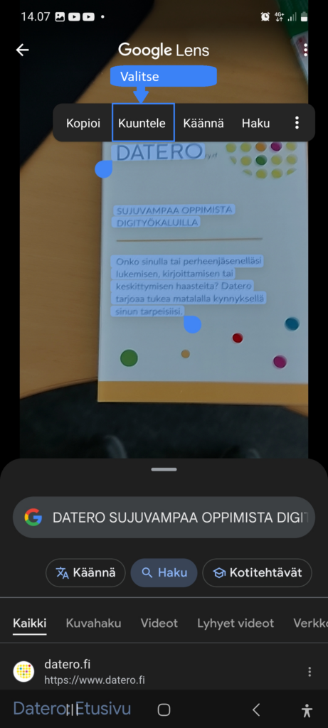 Kuuntele teksti valitsemalla "Kuuntele" (korostettu sinisellä reunuksella)