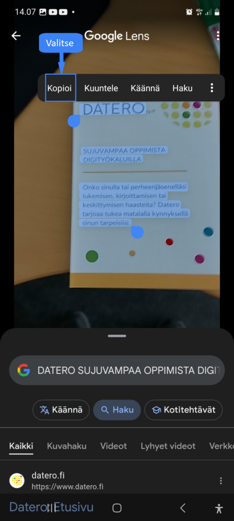 Kopioi teksti leikepöydälle valitsemalla "Kopioi"