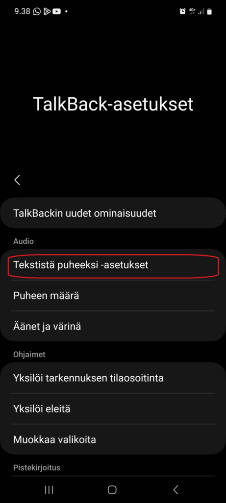 TalkBack-asetusikkunasta avaa Tekstistä puheeksi -asetukset
