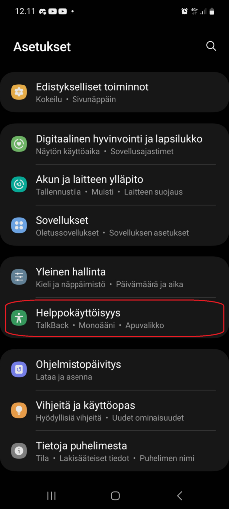 Helppokäyttöisyysasetukset (Samsung)