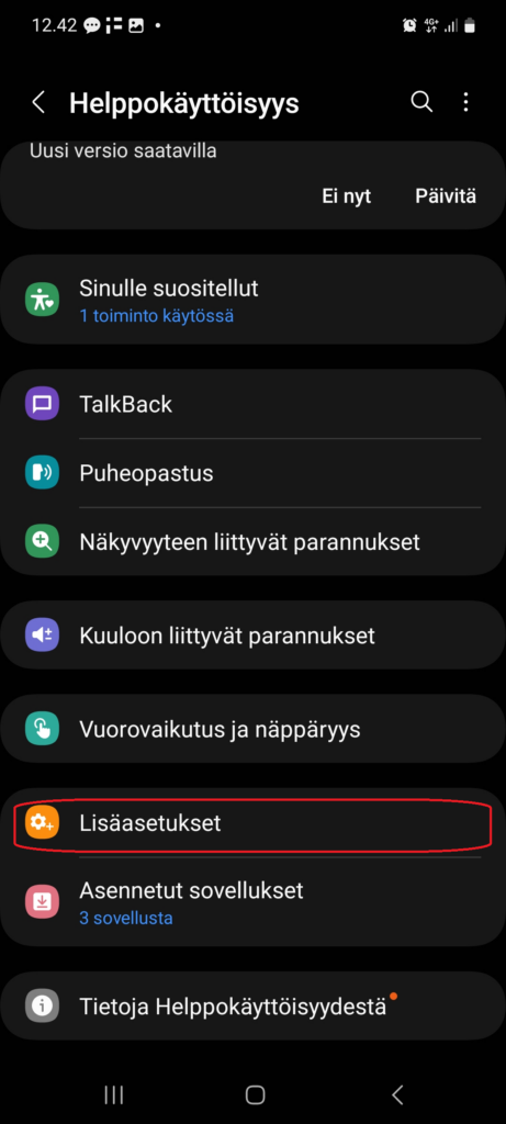 Pikanäppäimen asetukset löytyvät helppokäyttöisyysvalikon lisäasetuksista (korostettu punaisella reunalla)