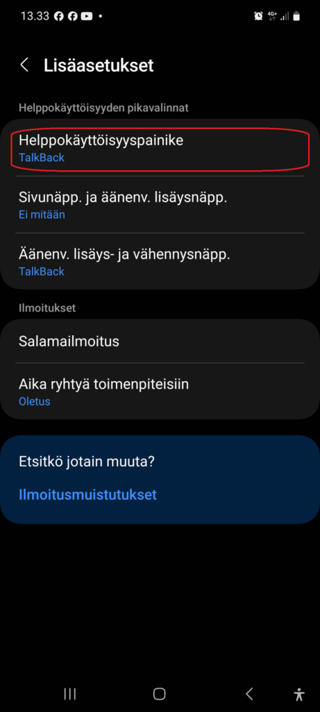 Lisäasetusikkunassa avaa Helppokäyttöisyyspainike (korostettu punaisella reunalla)