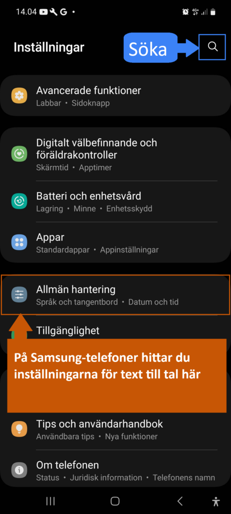 Var du hittar inställningarna för text till tal