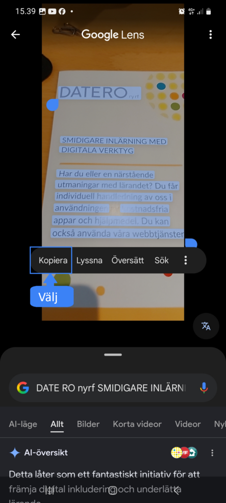 Kopiera texten till urklipp genom att välja ”Kopiera”.