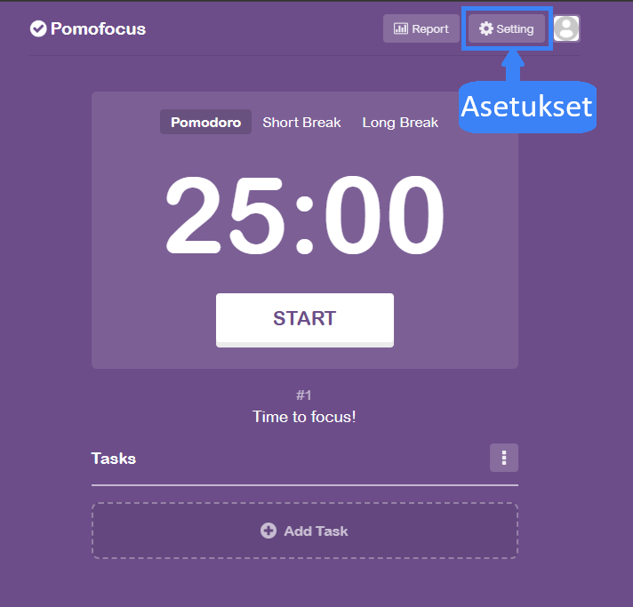 Asetukset korostettu sinisellä