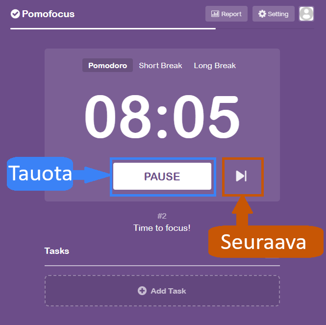 Ajastimen ollessa päällä voit tauottaa sen tai hypätä seuraavaan jaksoon.
