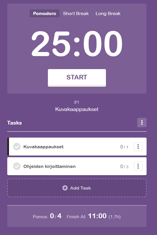 Kun olet lisännyt tehtävät, näet Pomodorojen määrän ja loppumisajankohdan.
