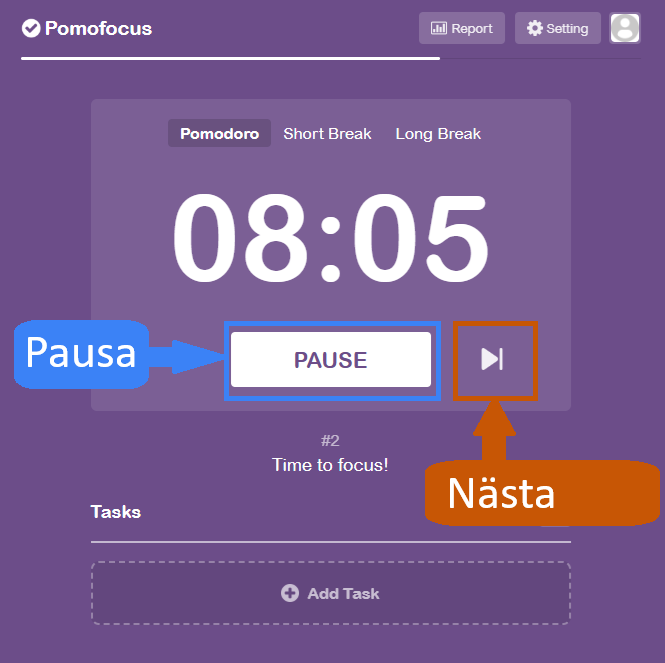 När timern är igång kan du pausa den eller hoppa till nästa pass.